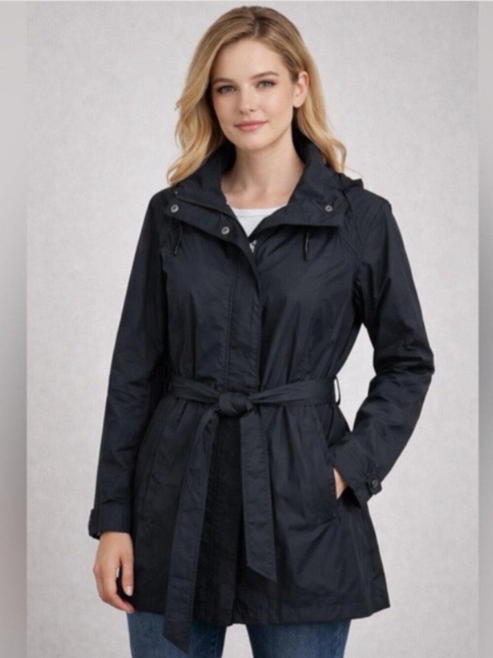 Columbia Pardon My Trench Black Lightweight Rain Coat Jacket Hood Belt Women's S